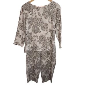 90s Hot Cotton Tan and Brown Patterned Linen Boxy Top and Pants Large